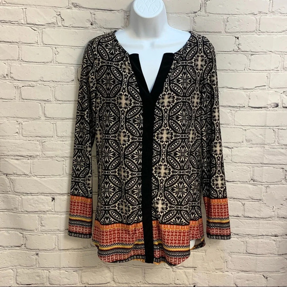 Ivy Ridge printed long sleeve top - orange, black, cream, yellow & maroon - Picture 8 of 11